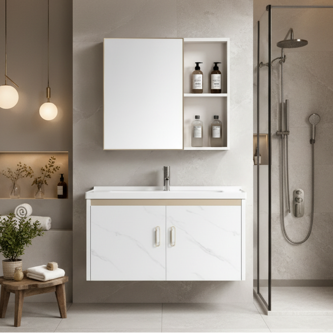 MUEBLE DE BAÑO DE PVC + ESPEJO - PV1001 BLANCO MARMOLEADO - FRATELLI