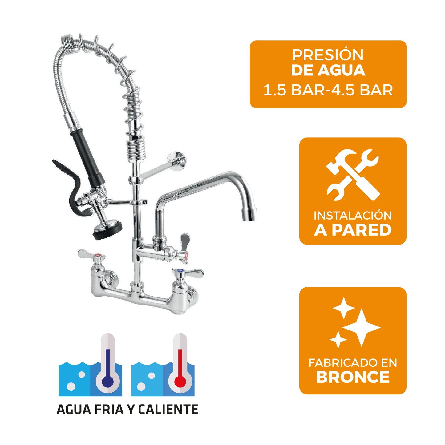 Mezcladora Industrial P/Cocina Cuisine con Rociador de 25 Pul. de altura a la pared Bronce - Fratelli Premium