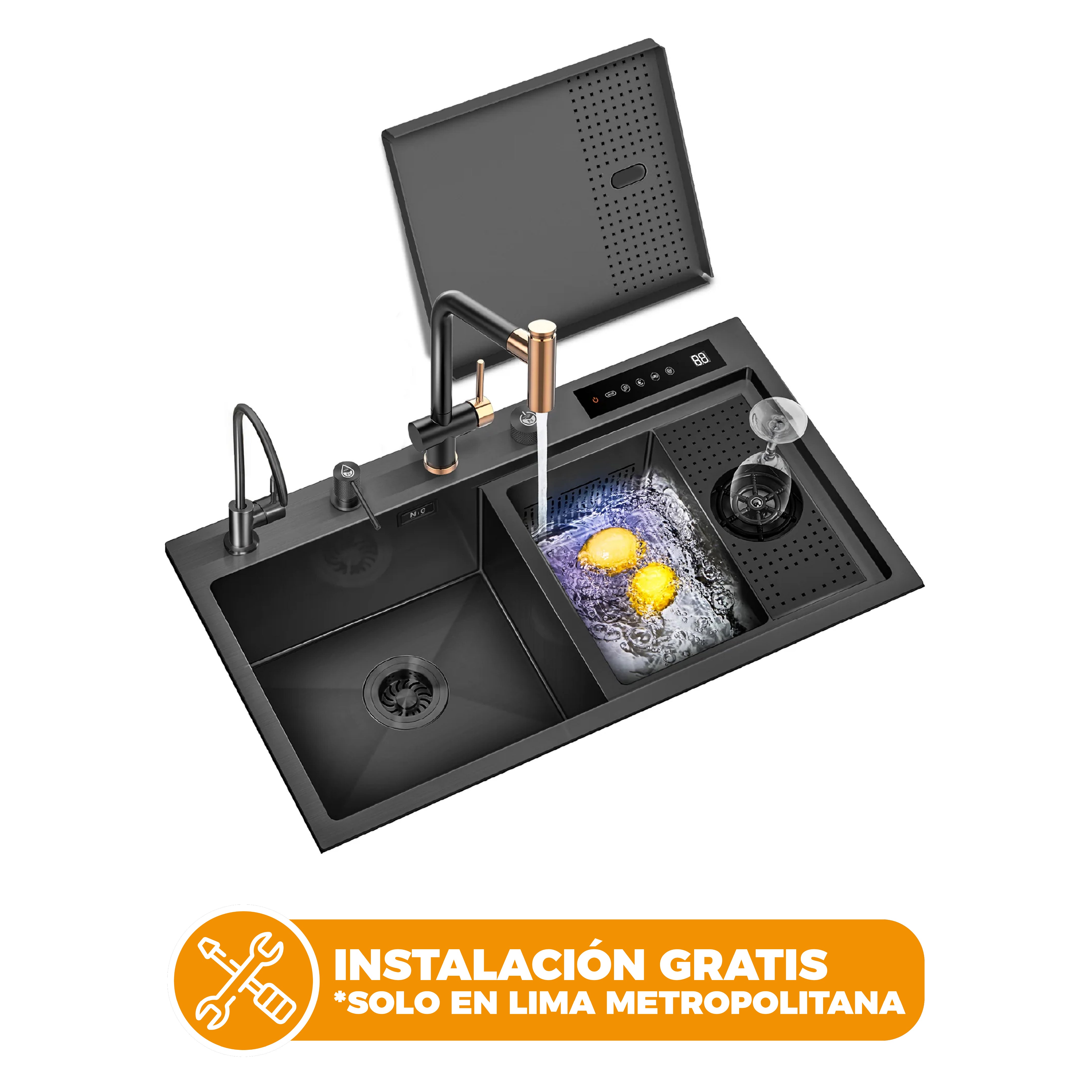 Lavadero Inteligente Bioshield C/Funcion Hydro Purificacion Nano Black De Acero Inox.304 C/Mezcladora  82x46x22cm - Fratelli Signature