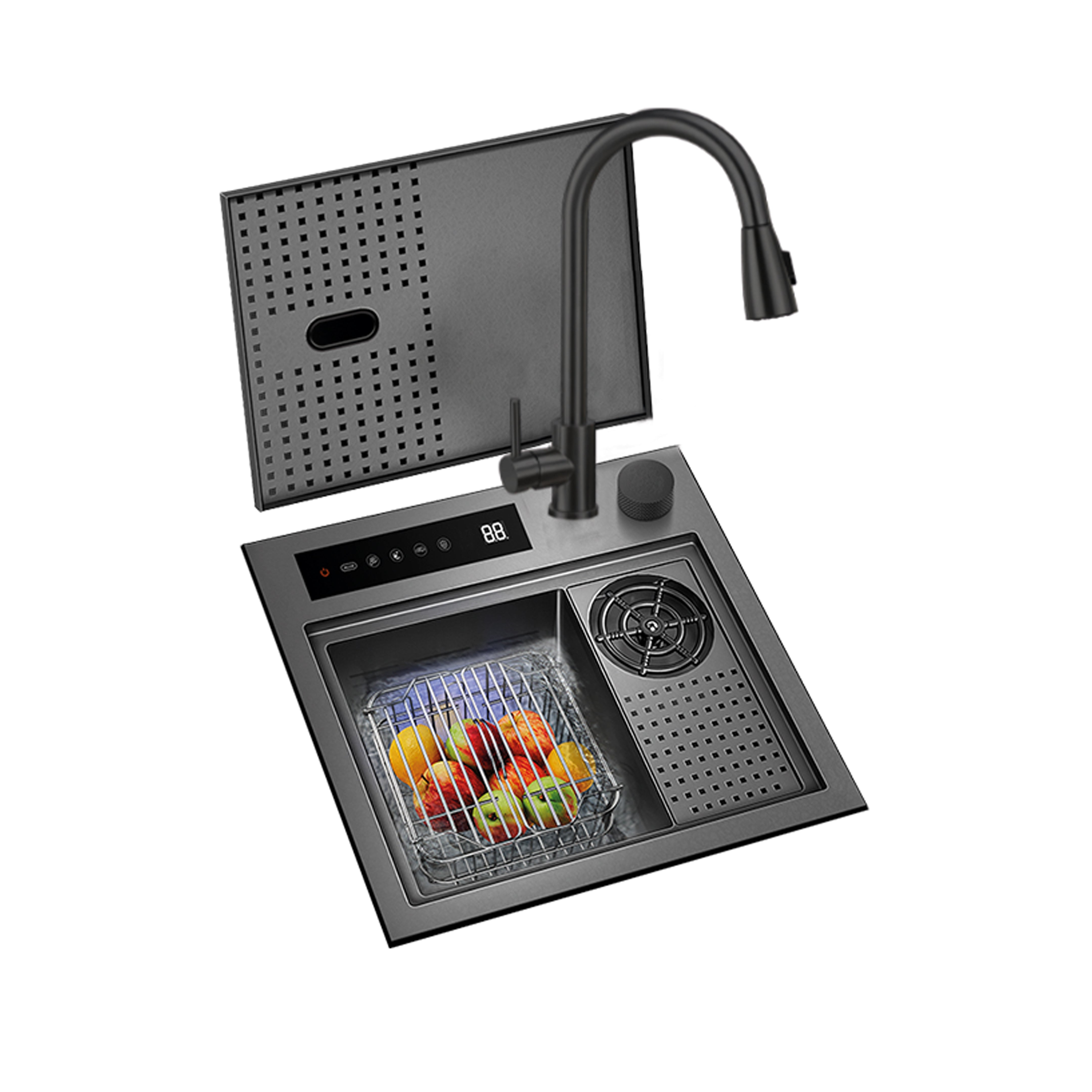 Lavadero Inteligente Bioshield C/Funcion Hydro Purificacion Nano Black De Acero Inox.304 C/Mezcladora  44x42x22cm - Fratelli Signature