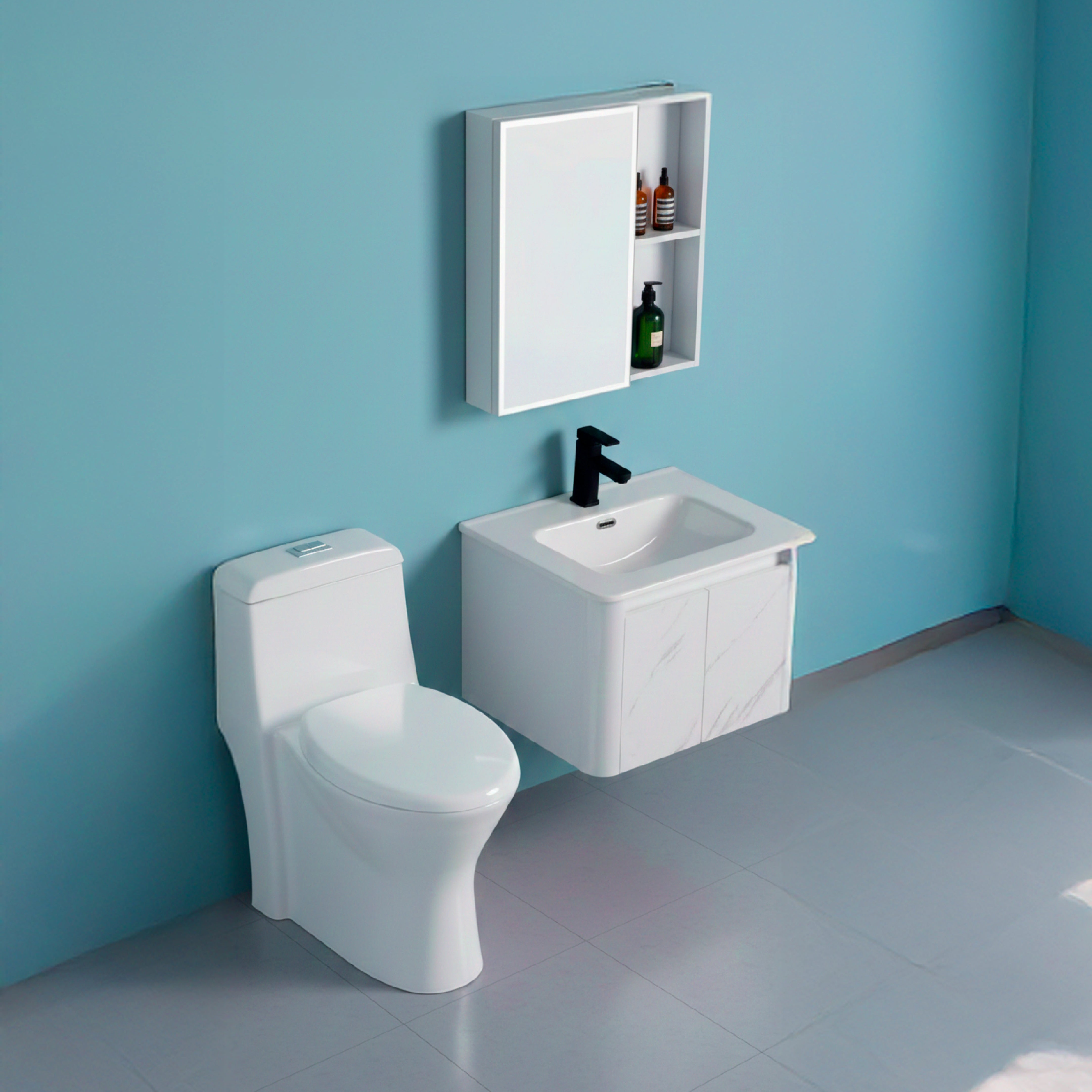 COMBO INODORO ONE PIECE  FV + MUEBLE DE BAÑO CON ESPEJO  – FRATELLI (NO INCLUYE GRIFERIA NI ACC)