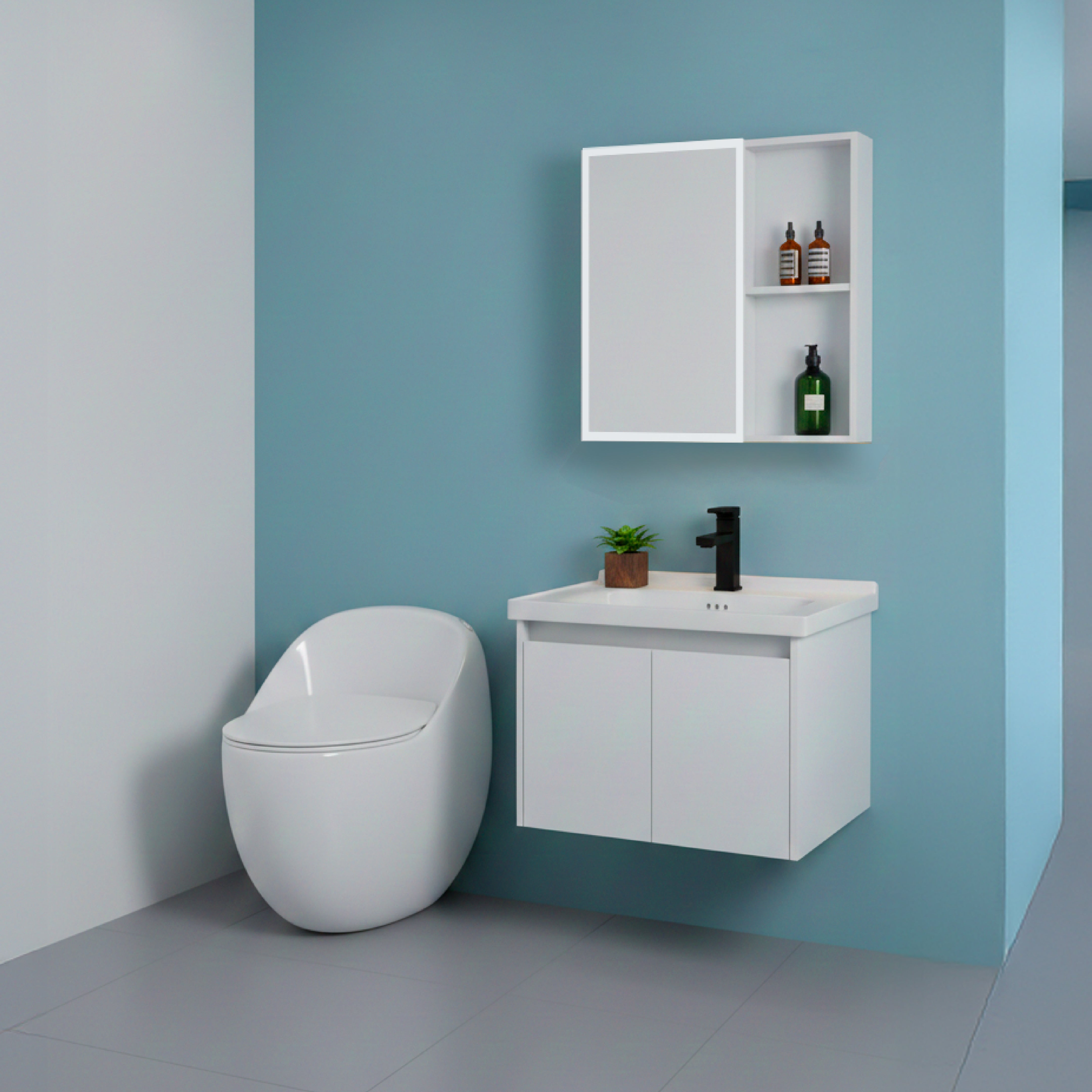 COMBO INODORO ONE PIECE MINIMALISTA + MUEBLE DE BAÑO CON ESPEJO  – FRATELLI (NO INCLUYE GRIFERIA NI ACC)