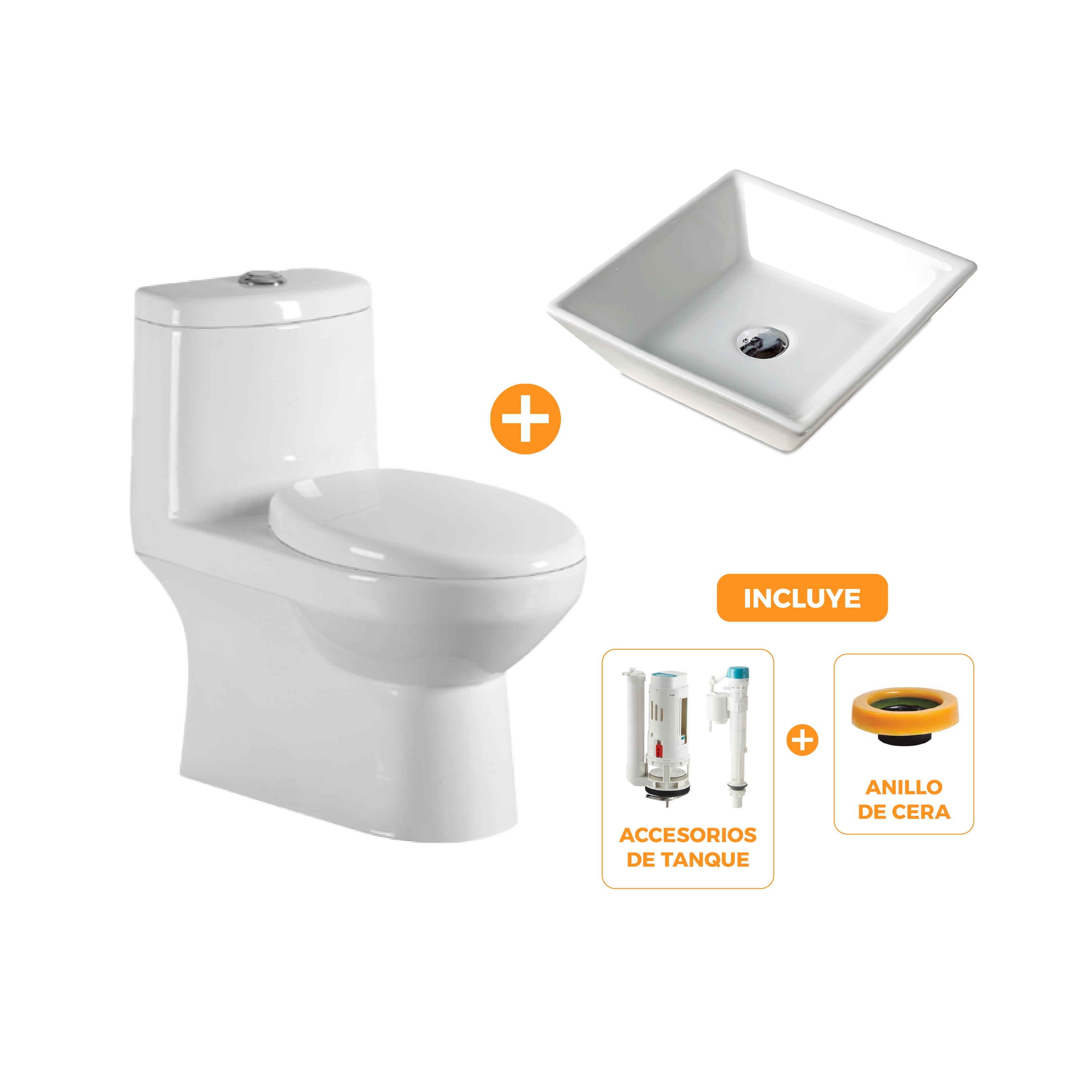 COMBO FRATELLI de Inodoro One Piece Kioto + Lavatorio Bowl Cuadrado P047W