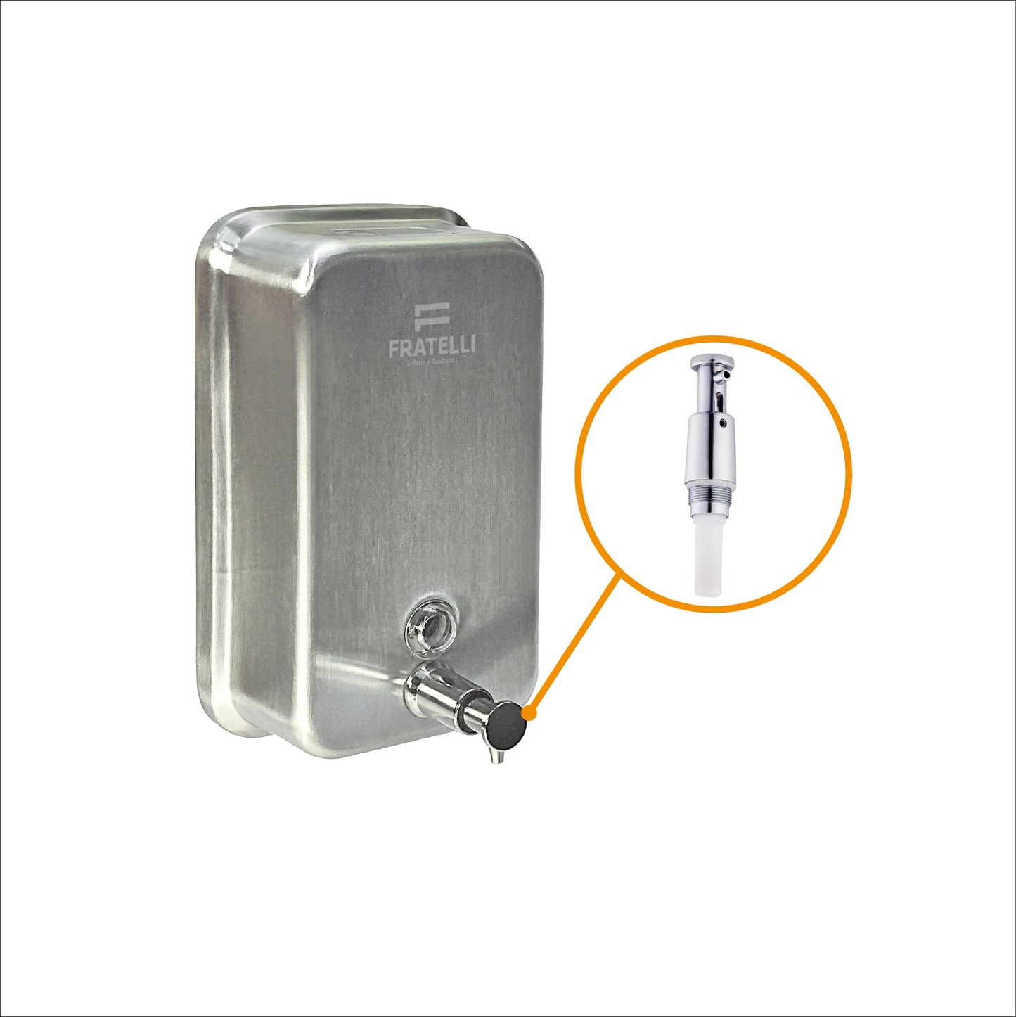 Dispensador de Jabón Líquido D/Acero Satinado 304 - Espesor 0.8 (1000 ML) Vertical Fratelli