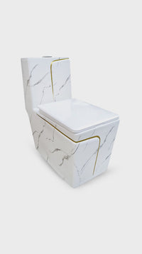 Inodoro One Piece + Tapa Asiento Y Acces. Minimalista Marmoleado Blanco C/Dorado 2328Mgl1 (69X35X76) - Fratelli